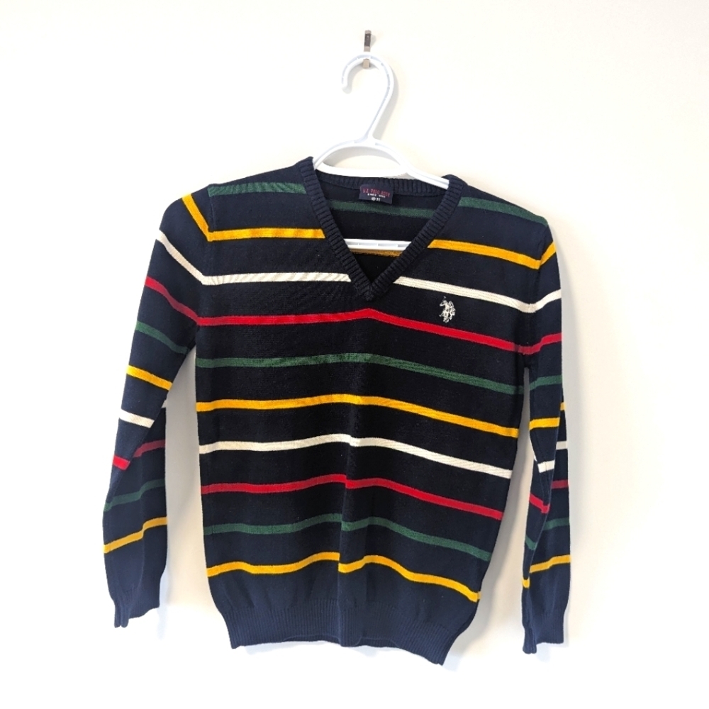 U.S. Polo Assn. Navy V-Neck Sweater with Yellow, Red, Green & White Stripes